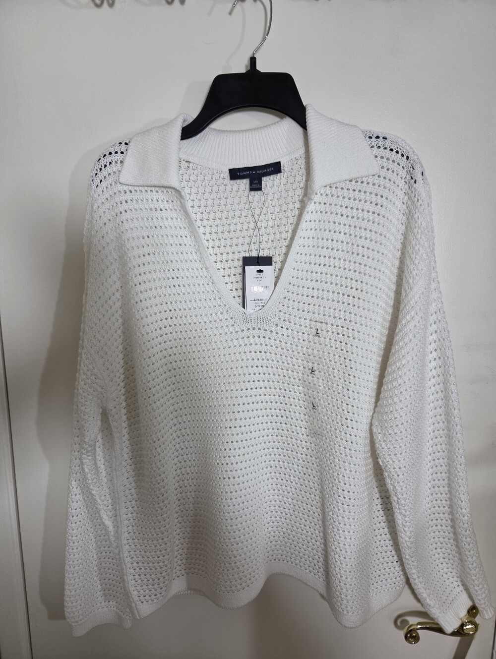 Tommy Hilfiger White Open-Weave V-Neck Polo Sweater NWT